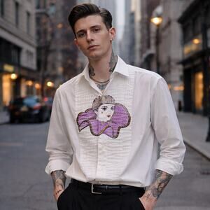 Avant Garde Mens Painted Clown Tuxedo Shirt Size Small White Pleated Vintage 80s